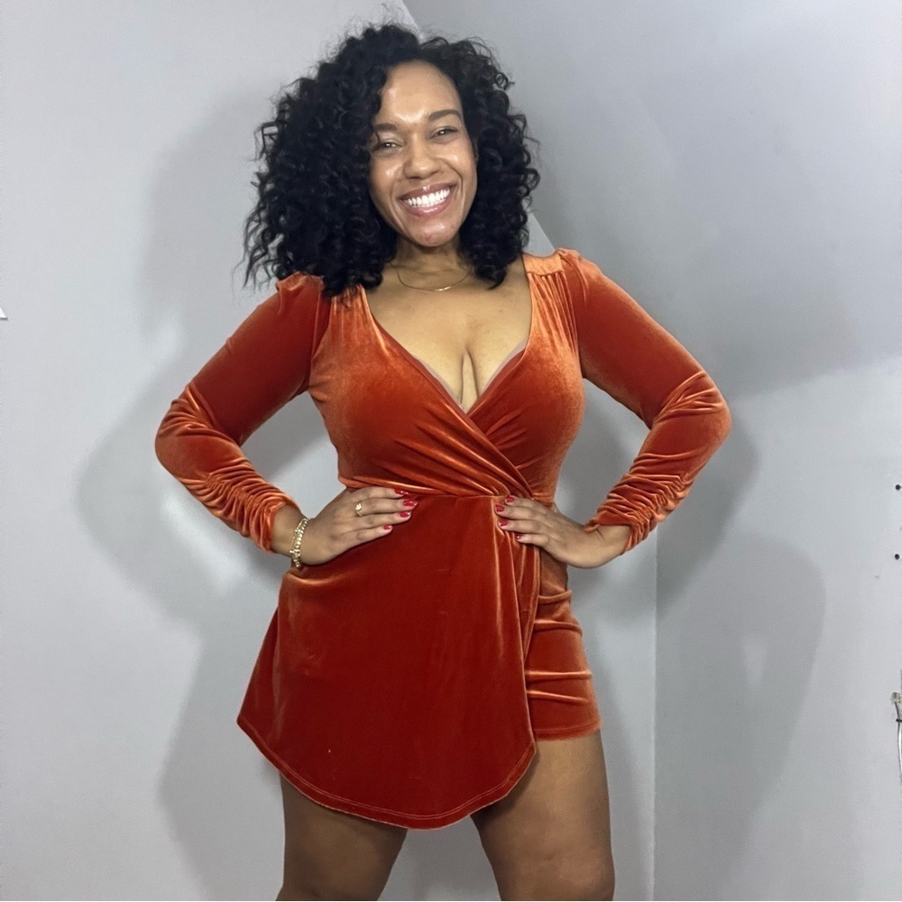Urban Outfitters Orange Velvet Romper Wrap Skort Fall Long Sleeve Fancy Cocktail